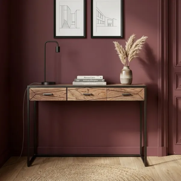 Console en bois d'acacia et structure en métal 3 tiroirs ELEANOR - HELLIN