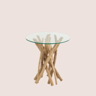 Bout de canapé rond en branches de teck et verre D50 cm CHAM - HELLIN