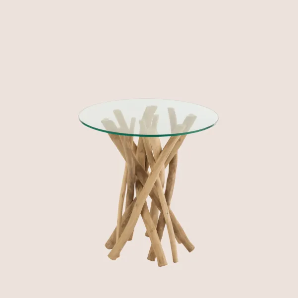 Bout de canapé rond en branches de teck et verre D50 cm CHAM - HELLIN