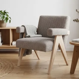 Fauteuil bouclette à accoudoirs et bois naturel - ZAIA