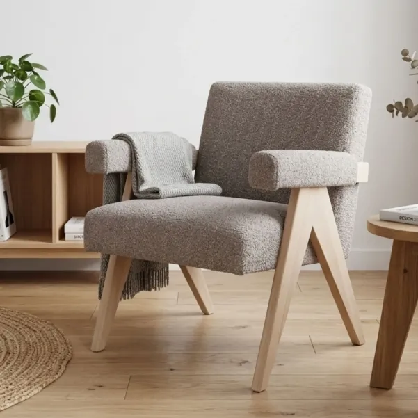 Fauteuil bouclette à accoudoirs et bois naturel - ZAIA