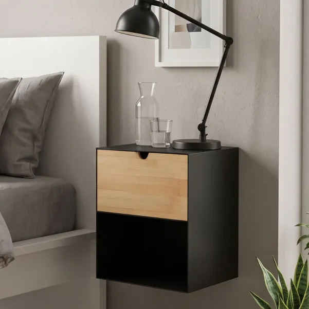 Chevet suspendu cube en métal et bambou 1 tiroir 1 niche JANIE - HELLIN