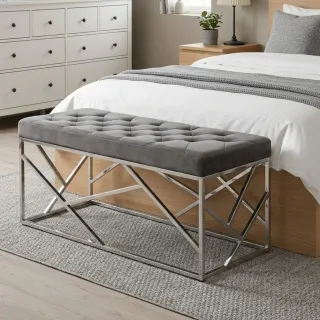 Banc d'entrée ou bout de lit en velours gris et métal argent L97 ROMY - HELLIN