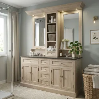 Ensemble salle de bain : double vasque, miroir, éclairage