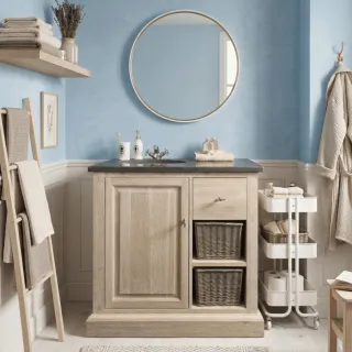Meuble simple vasque : bois, pierre bleue et céramique | Hellin