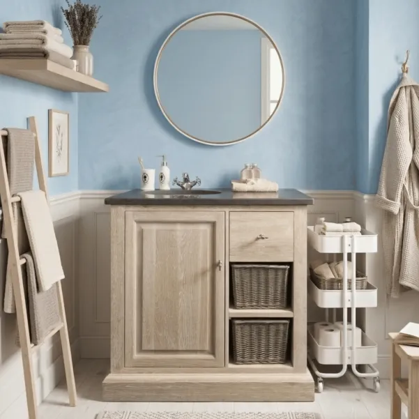 Meuble simple vasque : bois, pierre bleue et céramique | Hellin