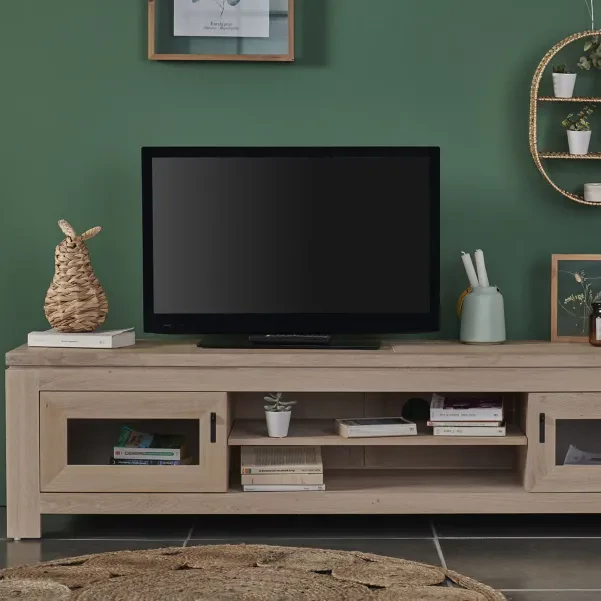 Meuble TV bas moderne en chêne blanchi L180 BOSTON - HELLIN
