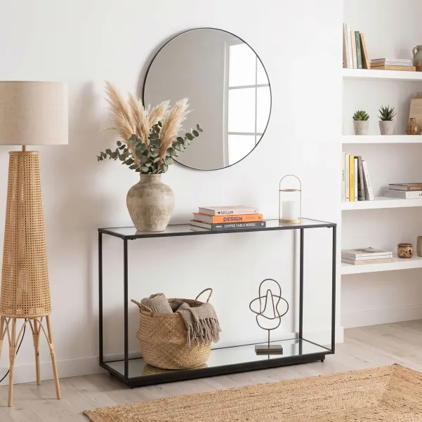 Console design double plateau en verre et métal noir L132 ORION - HELLIN