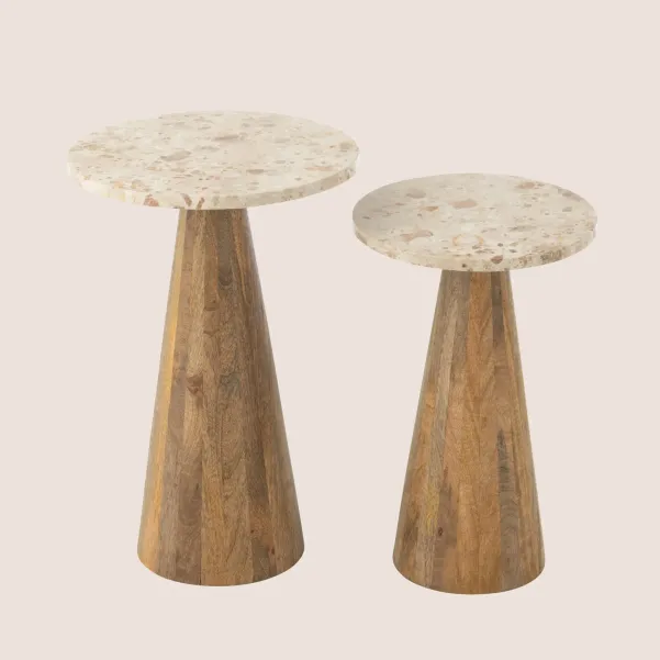 Tables basses en marbre beige et pied bois D35 (set de 2) ASO - HELLIN