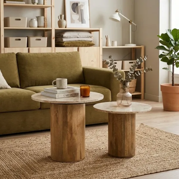 Tables basses en marbre beige et pied bois D56 (set de 2) ASO - HELLIN