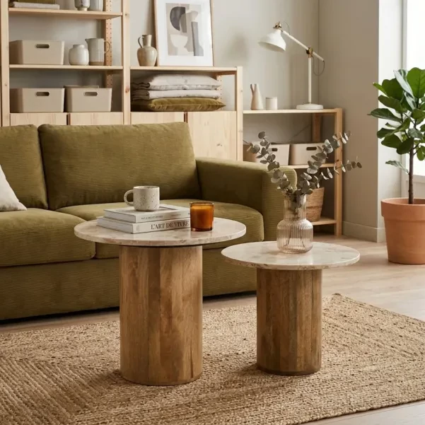 Tables basses en marbre beige et pied bois D56 (set de 2) ASO - HELLIN