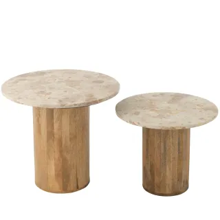 Tables basses en marbre beige et pied bois D56 (set de 2) ASO - HELLIN