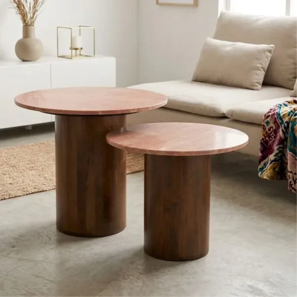 Tables basses en marbre terracotta et pied bois D56 (set de 2) ASO - HELLIN