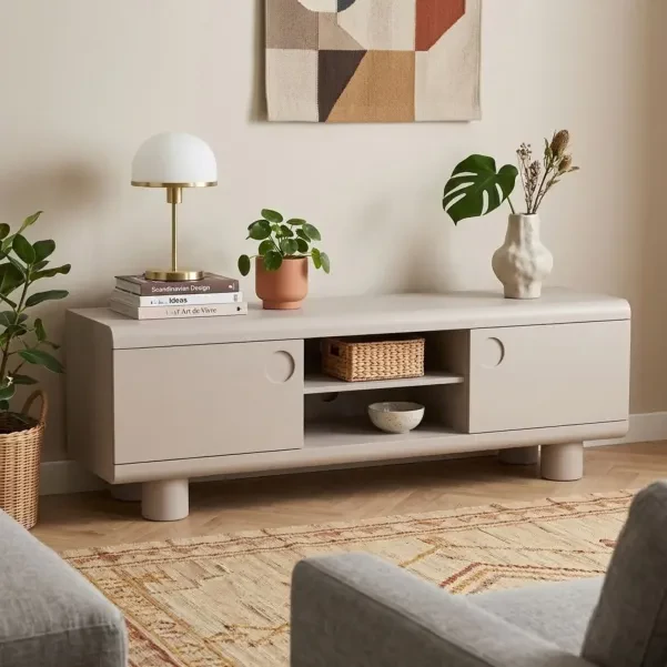 Meuble TV bas design 2 portes 2 niches gris L160 MAGDA | HELLIN