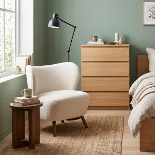 Fauteuil en tissu écru piétement en bois peint en noir- WINNY