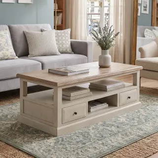 Table basse en bois au style cottage authentique pour un salon chaleureux.