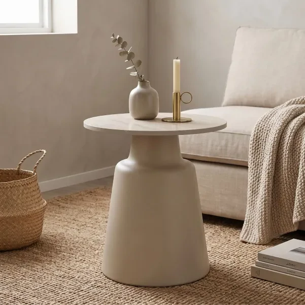 Bout de canapé en céramique beige et métal grège D45 - AELIA