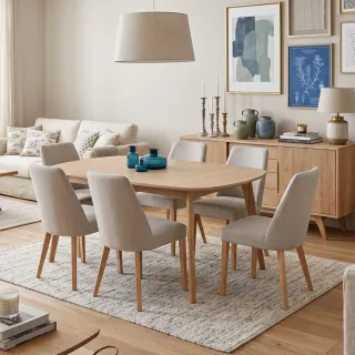 Table à manger ovale en bois blanchi avec 2 allonges L180/270 MARTINE - HELLIN