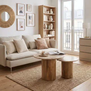 Tables basses en marbre beige et pied bois D56 (set de 2) ASO - HELLIN