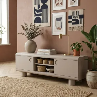 Meuble TV bas design 2 portes 2 niches gris L160 MAGDA | HELLIN