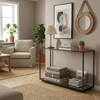 Console design double plateau en verre et métal noir L132 ORION - HELLIN